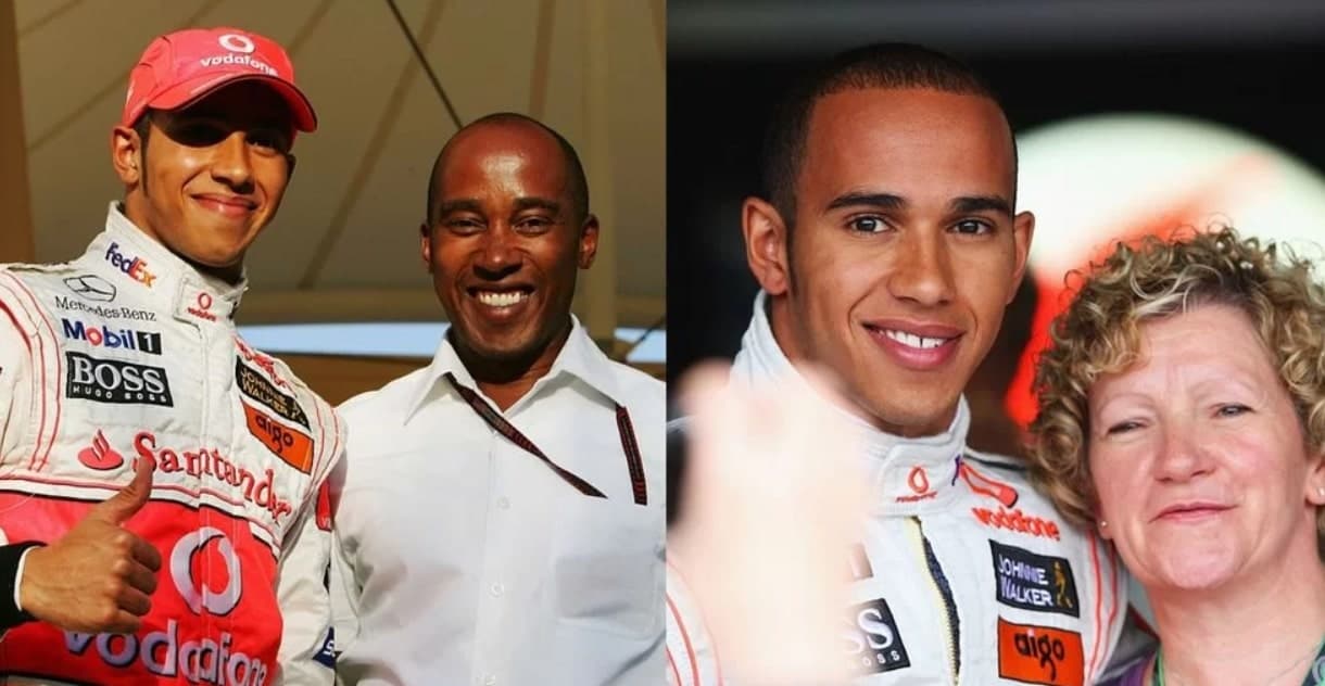 Image of Lewis Hamilton with his parents, Anthony Hamilton and Carmen Larbalestier