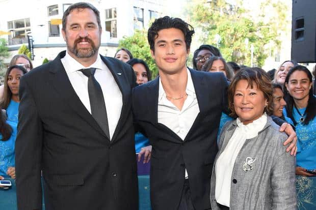 Image of Charles Melton with his parents, Phil Melton and Image of Charles Melton with his mother, Sukyong